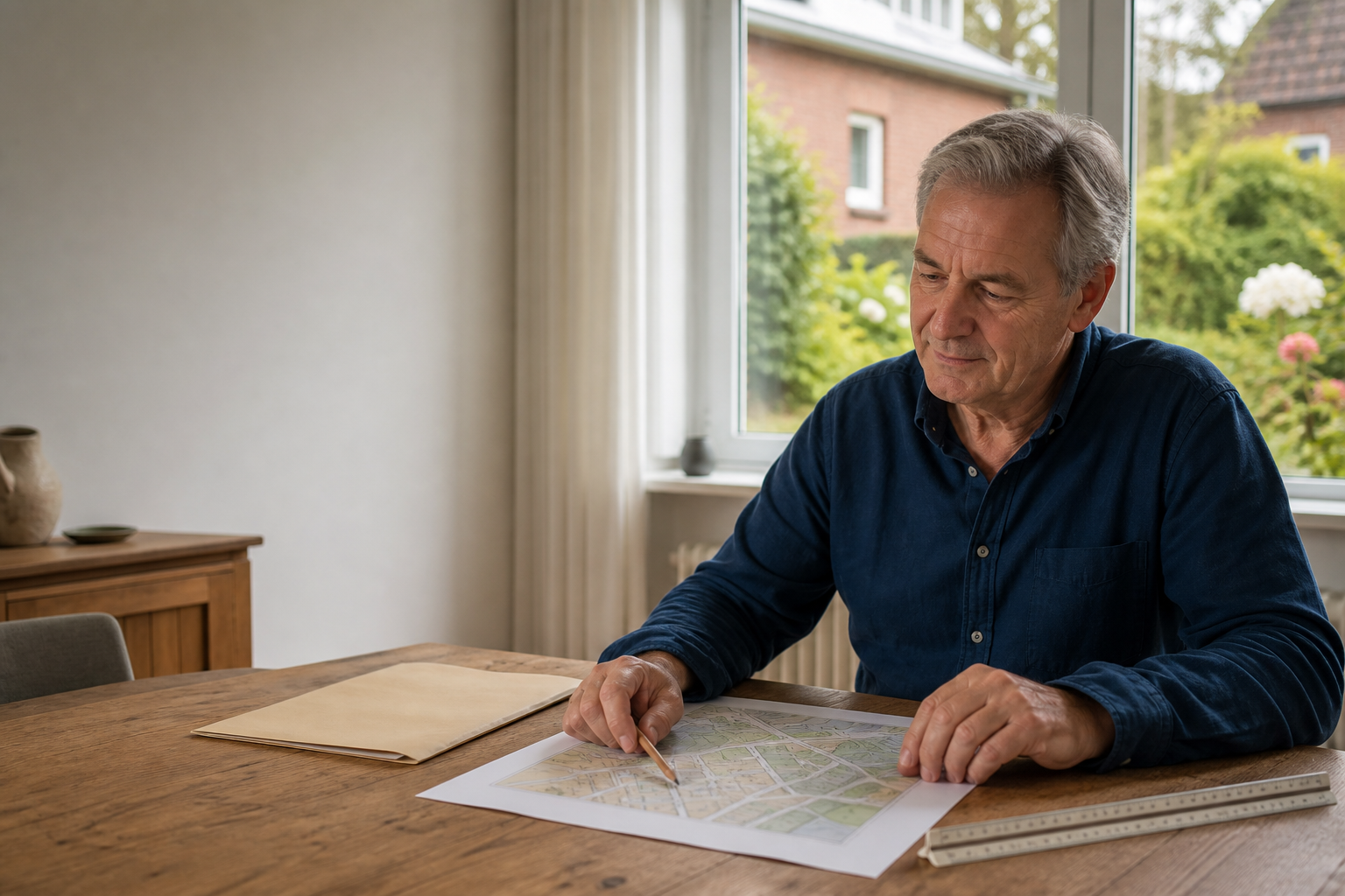 Eigentümer prüft Unterlagen zu seinem Grundstück
